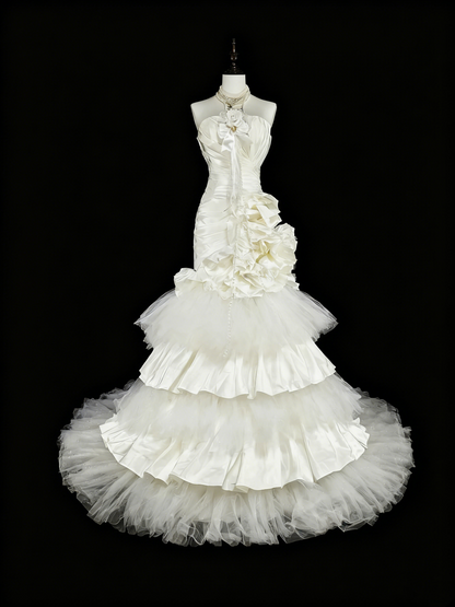 Retro Wedding Dress Strapless Pleated Tulle Mermaid Wedding Dress  D3881