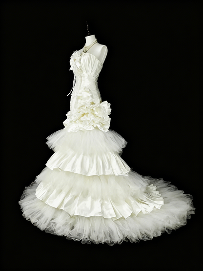 Retro Wedding Dress Strapless Pleated Tulle Mermaid Wedding Dress  D3881