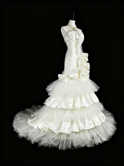 Retro Wedding Dress Strapless Pleated Tulle Mermaid Wedding Dress  D3881