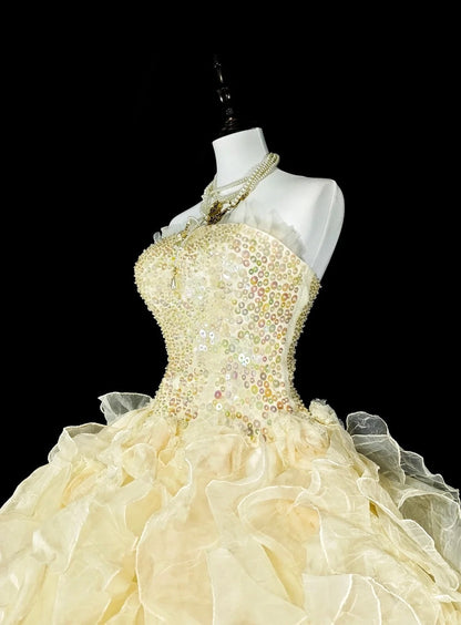 Shiny Prom Dress Strapless Tulle Tiered Ball Gown Quinceanera Dress Evening Dress   D3885