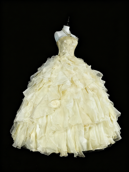 Shiny Prom Dress Strapless Tulle Tiered Ball Gown Quinceanera Dress Evening Dress   D3885