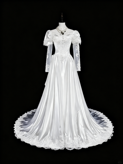 Retro Wedding Dress High Collar Lace Pleated Wedding Dress  D3887
