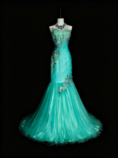Pretty Prom Dress Strapless Tulle Pleated Mermaid Evening Dress Gala Dress Cocktail Dress           D3894