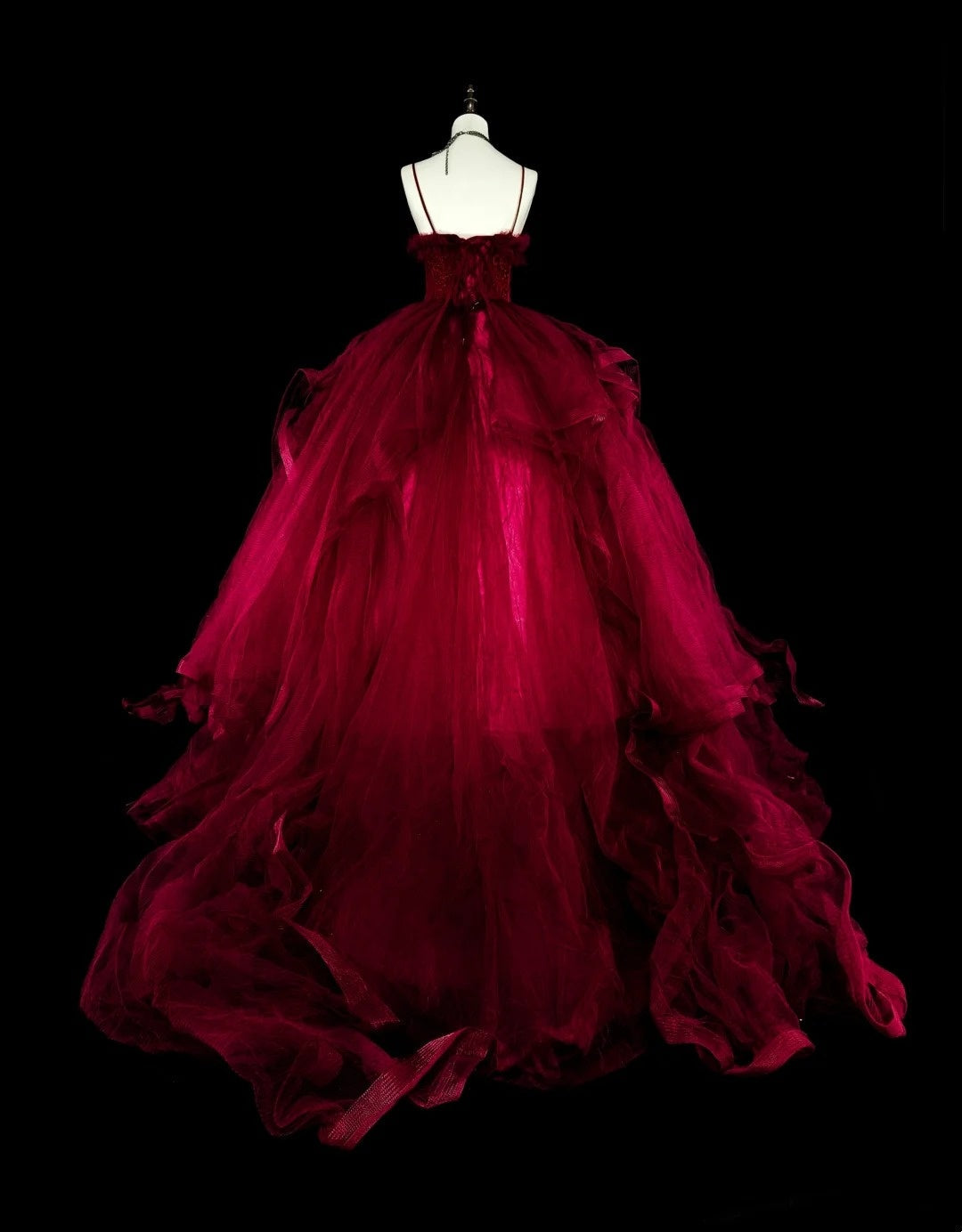 Charming Prom Dress Wine Red Spaghetti Straps Pleated Tulle Ball Gown Evening Dress Birthday Dress  D3899