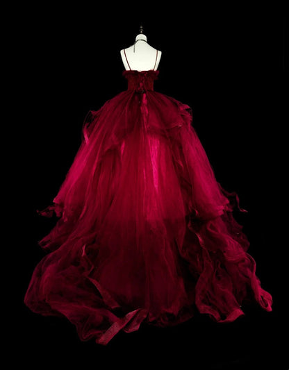 Charming Prom Dress Wine Red Spaghetti Straps Pleated Tulle Ball Gown Evening Dress Birthday Dress  D3899