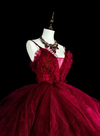 Charming Prom Dress Wine Red Spaghetti Straps Pleated Tulle Ball Gown Evening Dress Birthday Dress  D3899