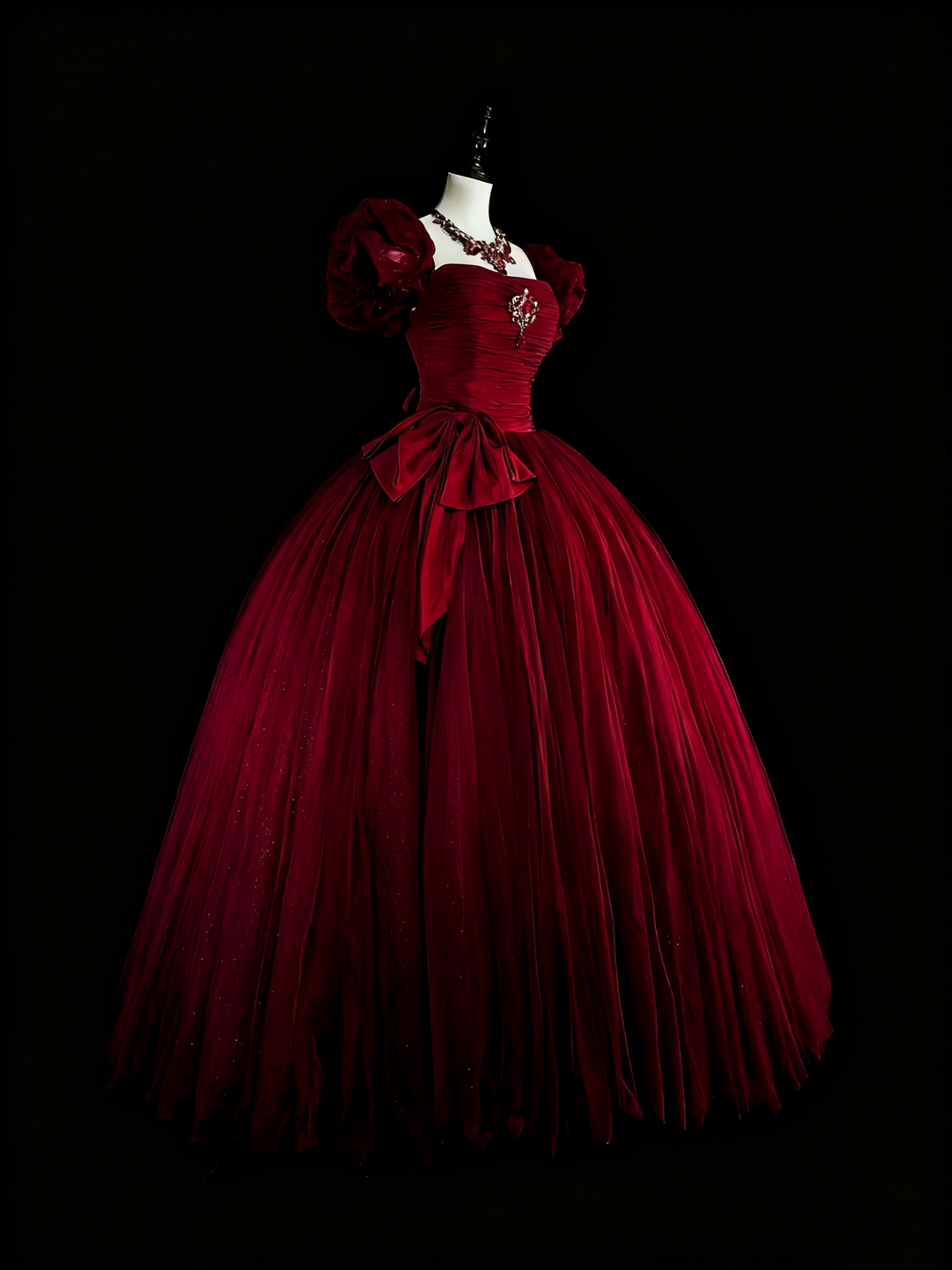 Elegant Prom Dress Wine Red Square Neck Pleated Tulle Ball Gown Evening Dress Birthday Dress  D3901