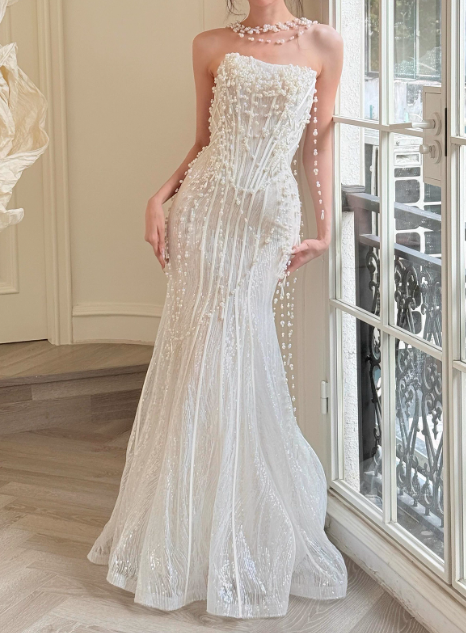 Pretty Wedding Dress Strapless Pearl Mermaid Wedding Dress   D3913