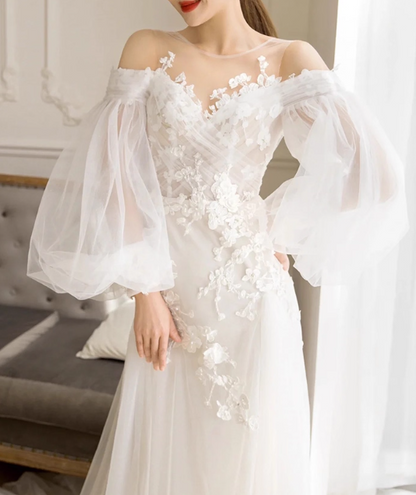 Newest Wedding Dress Crew Neck Floral Tulle Wedding Dress   D3914