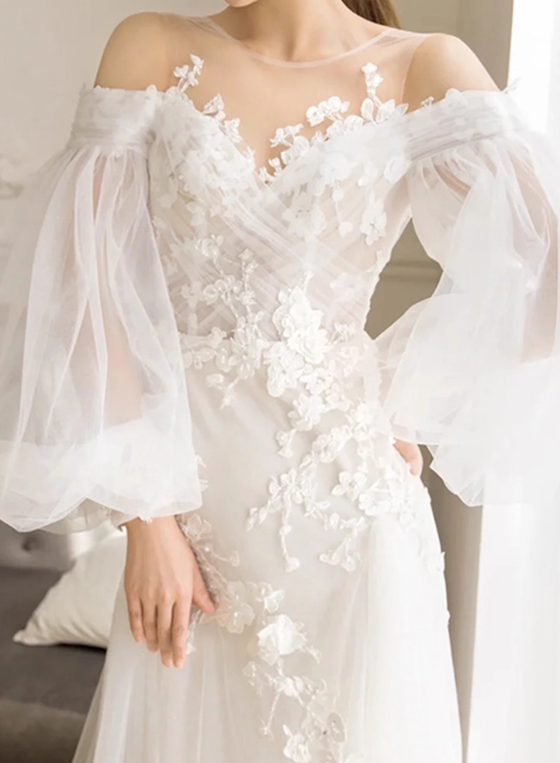 Newest Wedding Dress Crew Neck Floral Tulle Wedding Dress   D3914