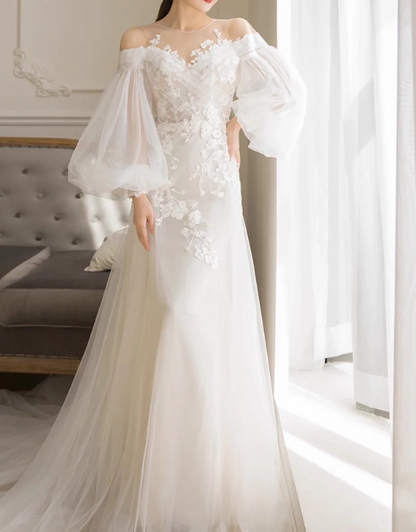 Newest Wedding Dress Crew Neck Floral Tulle Wedding Dress   D3914