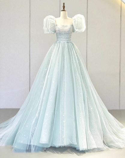 Newest Prom Dress Square Neck Tulle Pleated Ball Gown Evening Dress Birthday Outfits D3919