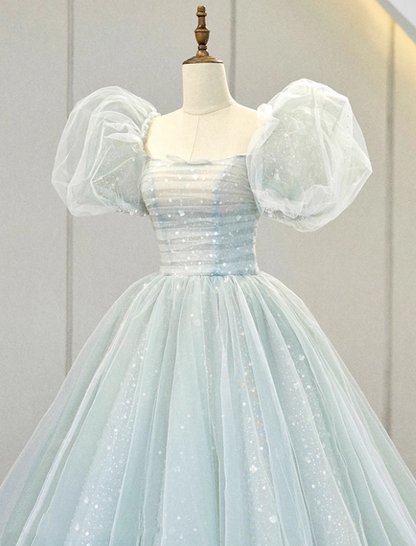 Newest Prom Dress Square Neck Tulle Pleated Ball Gown Evening Dress Birthday Outfits D3919