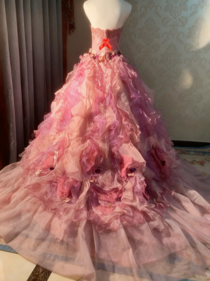 Beauty Prom Dress Strapless Ruffle Pleated Ball Gown Evening Dress Quinceanera Dress  D3924