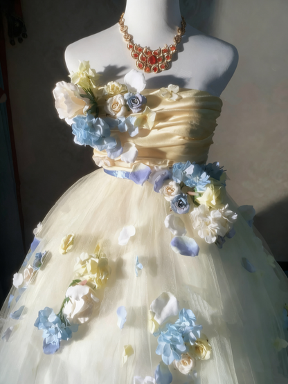 Charming Prom Dress Strapless Floral Tulle Pleated Ball Gown Evening Dress Sweet 16 Dress  D3926