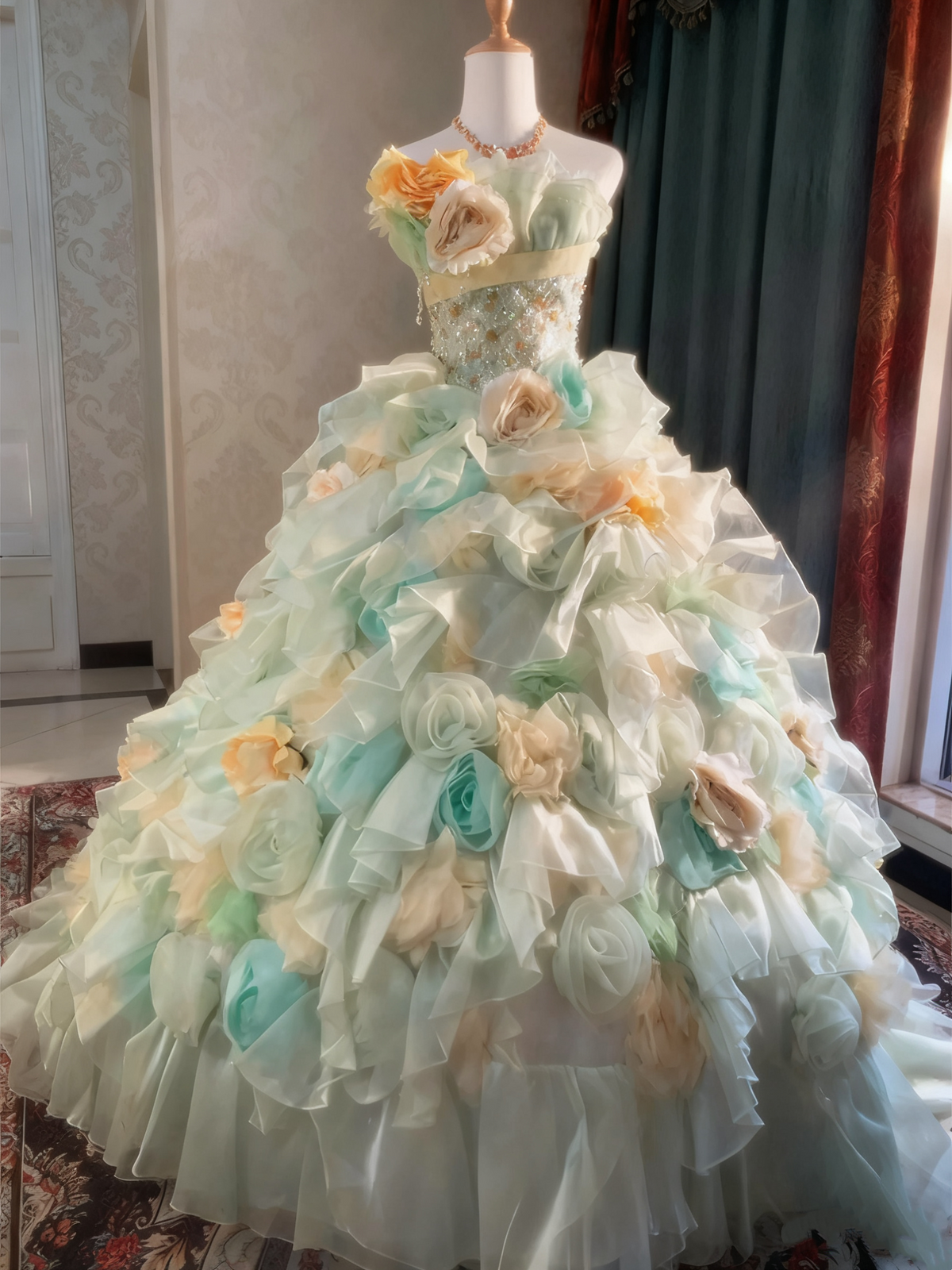 Popular Prom Dress Strapless Pleated Tiered Flower Ball Gown Evening Dress Quinceanera Dress   D3938