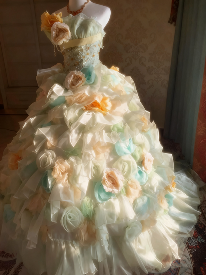 Popular Prom Dress Strapless Pleated Tiered Flower Ball Gown Evening Dress Quinceanera Dress   D3938