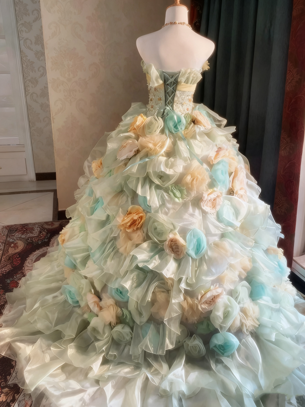 Popular Prom Dress Strapless Pleated Tiered Flower Ball Gown Evening Dress Quinceanera Dress   D3938