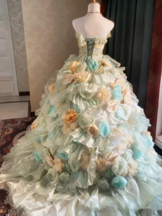 Popular Prom Dress Strapless Pleated Tiered Flower Ball Gown Evening Dress Quinceanera Dress   D3938
