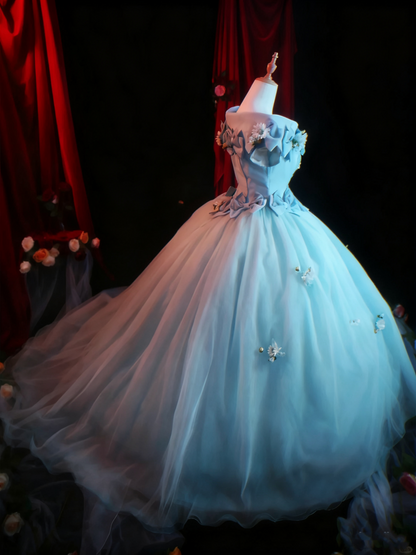 Newest Prom Dress Off Shoulder Pleated Tulle Flower Ball Gown Evening Dress Quinceanera Dress    D3939
