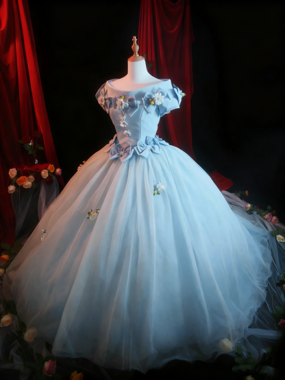 Newest Prom Dress Off Shoulder Pleated Tulle Flower Ball Gown Evening Dress Quinceanera Dress    D3939