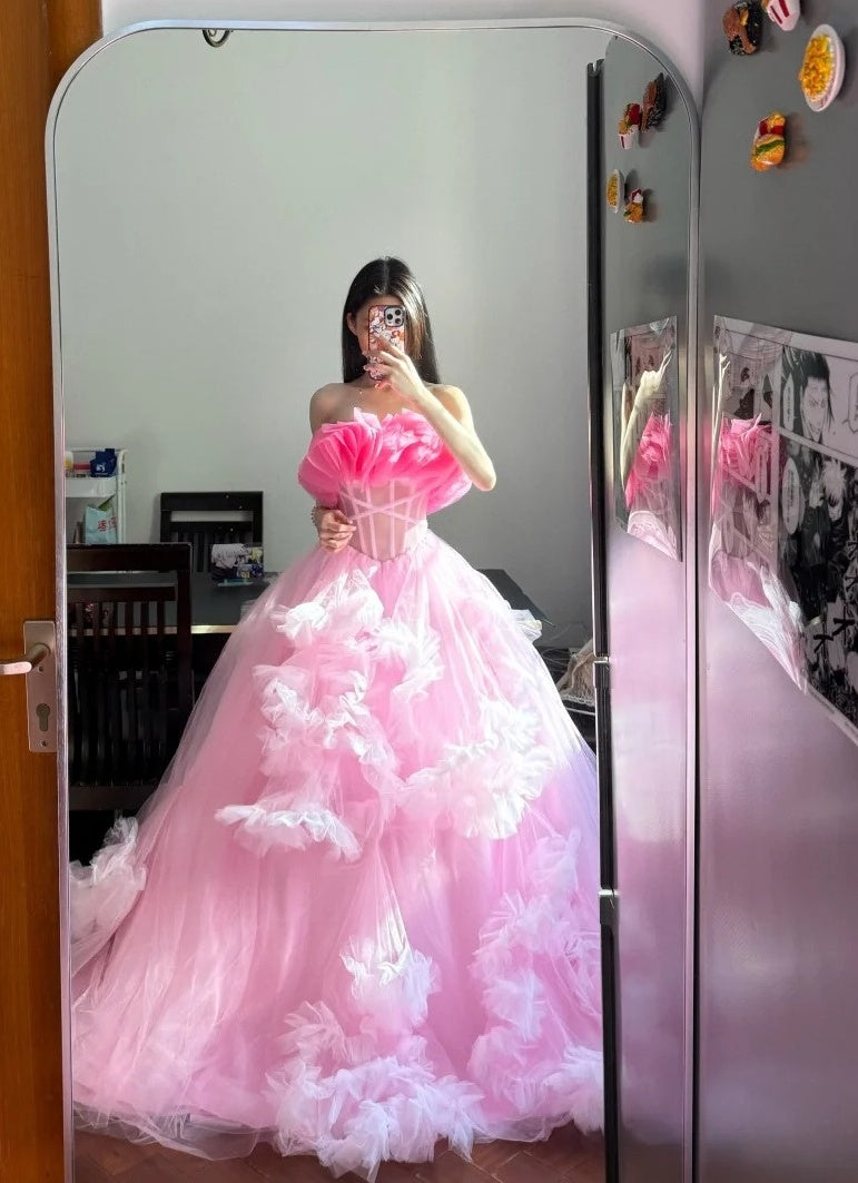 Charming Prom Dress Strapless Tulle Pleated Ball Gown Evening Dress Sweet 16 Dress    D3944