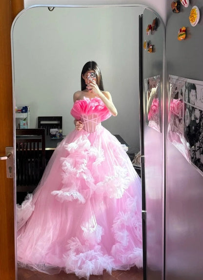 Charming Prom Dress Strapless Tulle Pleated Ball Gown Evening Dress Sweet 16 Dress    D3944