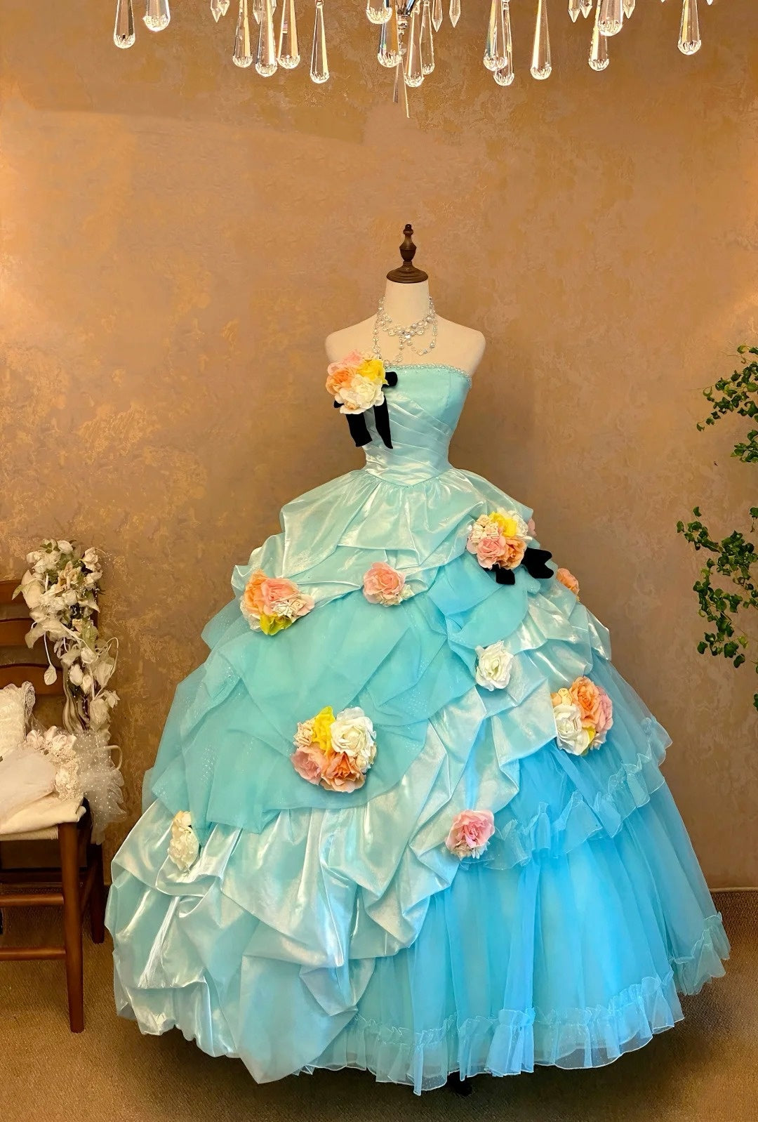 Pretty Prom Dress Strapless Tiered Tulle Flower Ball Gown Evening Dress Sweet 16 Dress Princess Dress    D3946