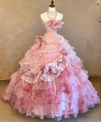 Newest Prom Dress Strapless Tiered Pleated Ball Gown Evening Dress Quinceanera Dress    D3951