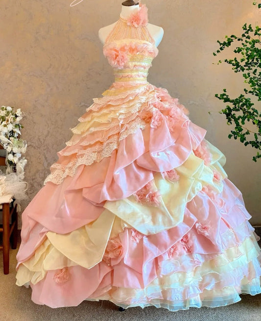 Sweet Prom Dress Halter Pleated Tiered Ball Gown Evening Dress Quinceanera Dress    D3965