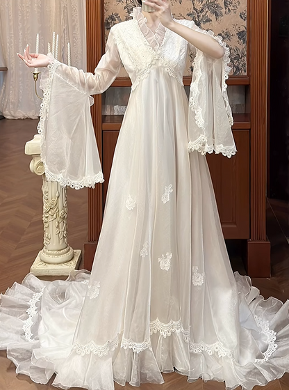 Retro Wedding Dress V-neck Pleated Tulle Wedding Dress  D3977
