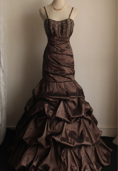 Elegant Prom Dress Spaghetti Straps Pleated Mermaid Evening Dress Gala Gown   D3982