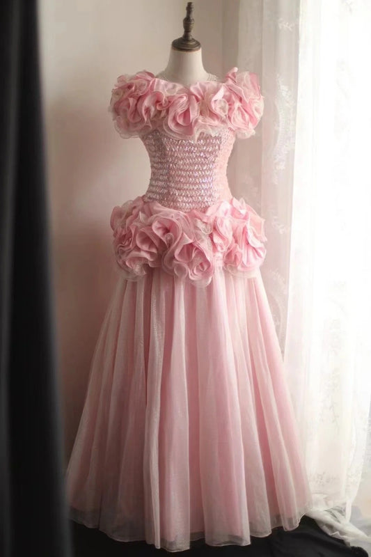 Beauty Prom Dress Crew Neck Pleated Tulle Evening Dress Gala Gown Party Dress  D3987