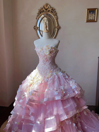 Sweet Prom Dress Strapless Pleated Tiered Evening Dress Quinceanera Dress Ball Gown    D4006