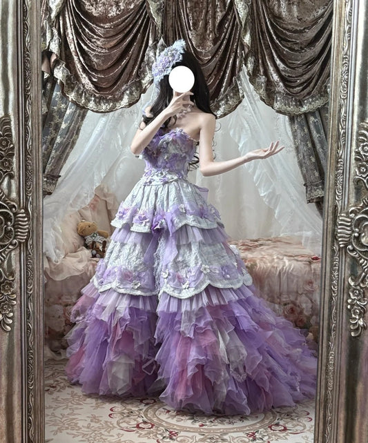 New Arrival Prom Dress Strapless Tulle Tiered Evening Dress Birthday Party Outfits Ball Gown    D4018