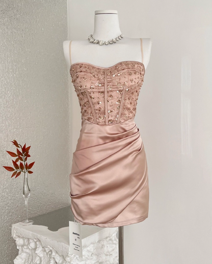 Shiny Women Dress Spaghetti Straps Pleated Short Birthday Party Outfits Seaside Dress    D4029