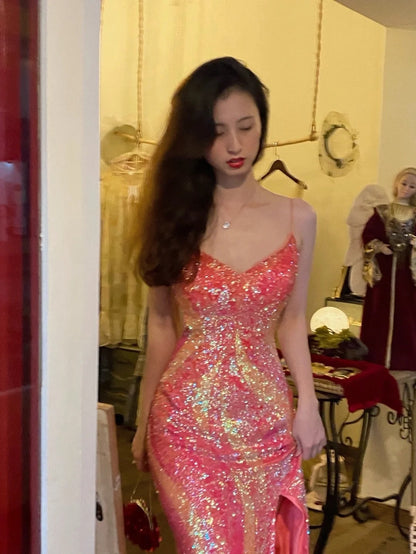 Shiny Prom Dress Spaghetti Straps Slit Evening Dress Cocktail Dress Birthday Party Outfits    D4060