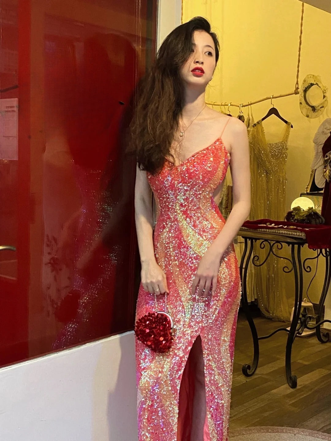 Shiny Prom Dress Spaghetti Straps Slit Evening Dress Cocktail Dress Birthday Party Outfits    D4060