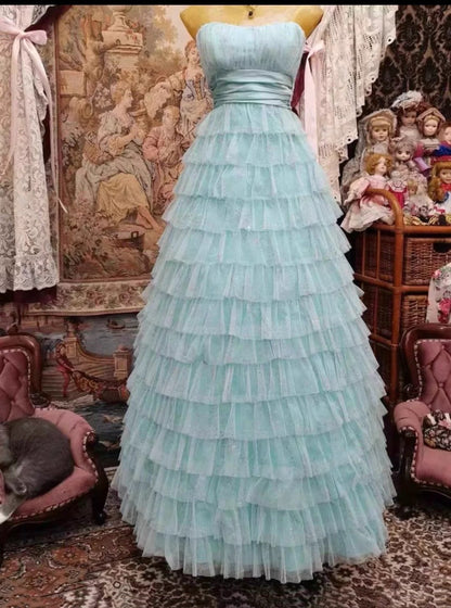 Newest Prom Dress A Line Strapless Pleated Tiered Prom Dress Evening Dress Birthday Party Outfits    D4063