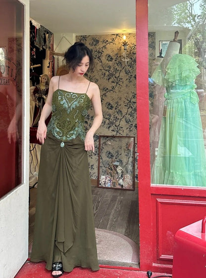 Retro Prom Dress Spaghetti Straps Pleated Gala Dress Evening Dress Birthday Party Outfits    D4067