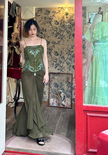 Retro Prom Dress Spaghetti Straps Pleated Gala Dress Evening Dress Birthday Party Outfits    D4067