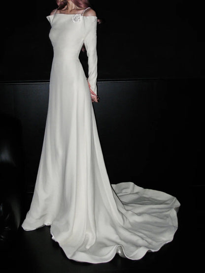 Pretty Wedding Dress Off Shoulder Long Sleeves Backless Wedding Dress     D4074