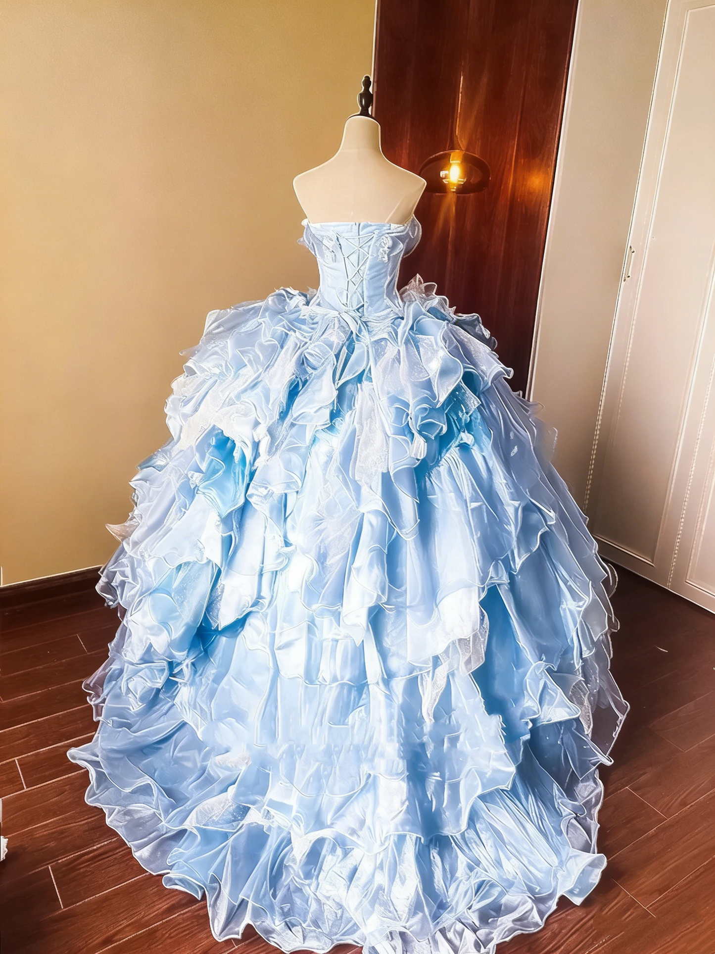 Pretty Prom Dress Strapless Ruffle Tiered Ball Gown Evening Dress Sweet 16 Dress Birthday Party Outfits   D4083