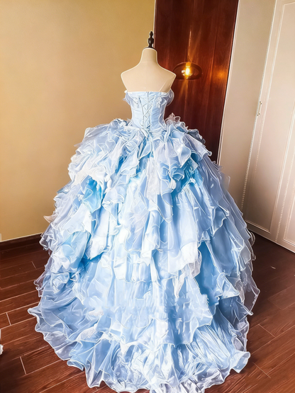 Pretty Prom Dress Strapless Ruffle Tiered Ball Gown Evening Dress Sweet 16 Dress Birthday Party Outfits   D4083