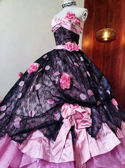 Stunning Prom Dress Strapless Flower Pleated Ball Gown Birthday Party Outfits Evening Dress Quinceanera Dress     D4091
