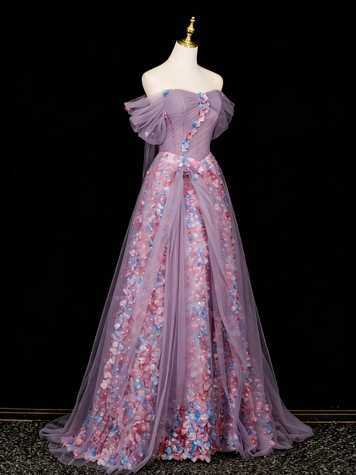 Stunning Prom Dress Off Shoulder Pleated Tulle Floral Gala Dress Evening Dress   D4108