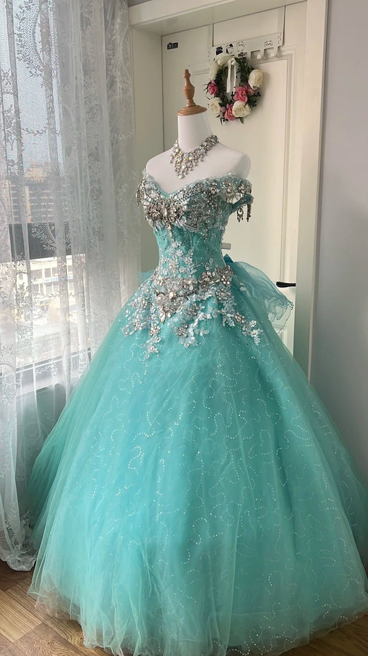 Shiny Prom Dress V-neck Pleated Tulle Ball Gown Birthday Dress Evening Dress Sweet 16 Dress     D4110