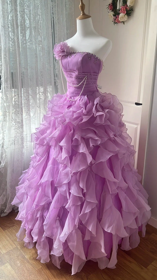 Beauty Prom Dress Light Purple Strapless Ruffle Pleated Ball Gown Evening Dress Sweet 16 Dress D4112