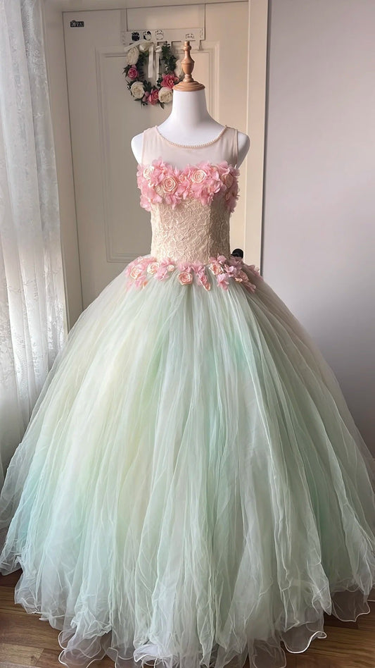 New Design Prom Dress Crew Neck Pleated Tulle Flower Ball Gown Evening Dress Quinceanera Dress     D4114