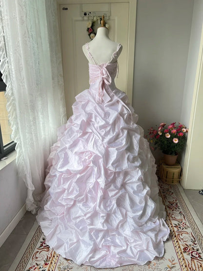 Newest Prom Dress Spaghetti Straps Pleated Ball Gown Evening Dress Quinceanera Dress     D4115